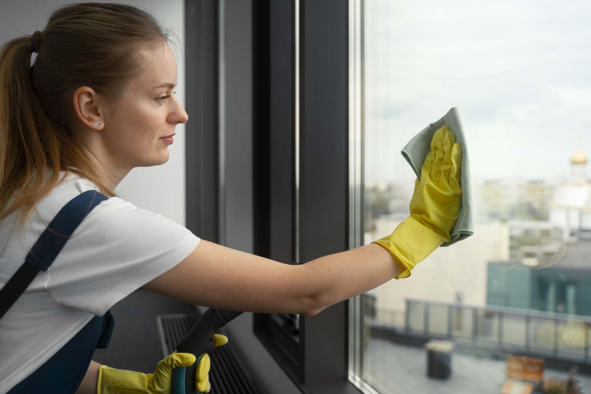 Apartment window cleaned with a view over the city