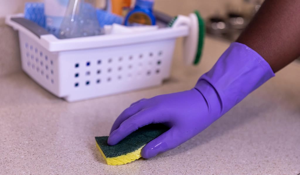 Kitchen bench scrubbed during a bond clean
