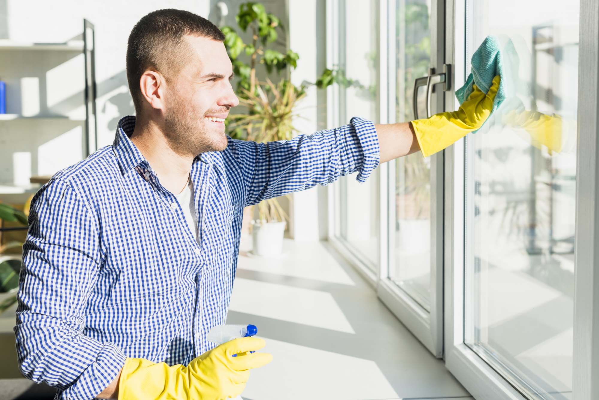 Window cleaner wiping sliding glass doors in a Brisbane home